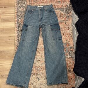 Denim Forum Women's Bootcut Cargo Jeans in Medium Blue Wash